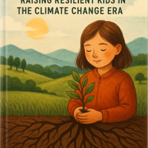 Book cover illustration featuring a child holding a young plant with roots extending into the soil, set against a scenic landscape with hills and a warm sun. Title reads “Strong Roots: Raising Resilient Kids in the Climate Change Era” by Louise Blount.