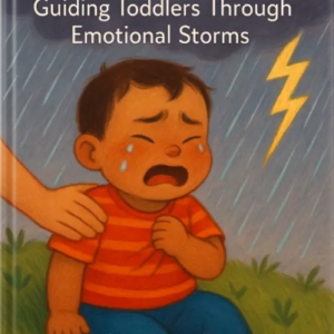 Illustrated children’s book cover showing a crying toddler in the rain with lightning, titled “Big Feelings: Guiding Toddlers Through Emotional Storms” by Louise Blount.