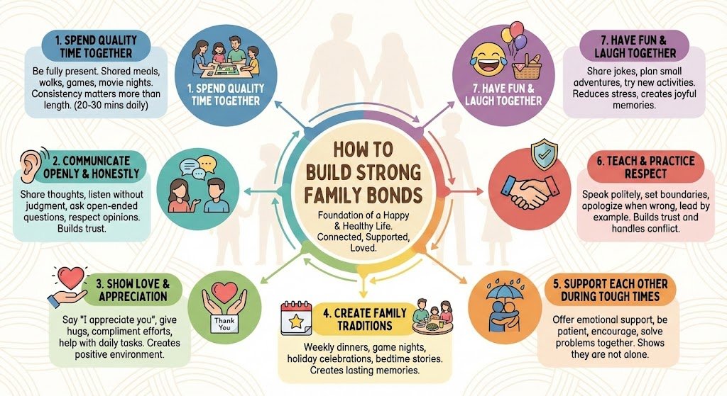Infographic showing how to build strong family bonds with seven tips including quality time, communication, love, traditions, support, respect, and having fun together.