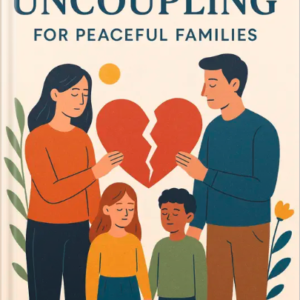 Illustration of separated parents holding a broken heart above two children, representing conscious uncoupling and peaceful family separation.