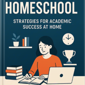 Book cover for “High-Performing Homeschool: Strategies for Academic Success at Home” by Louise Blount, featuring an illustration of a student working at a desk with books, a laptop, a plant, a trophy, and a clock.
