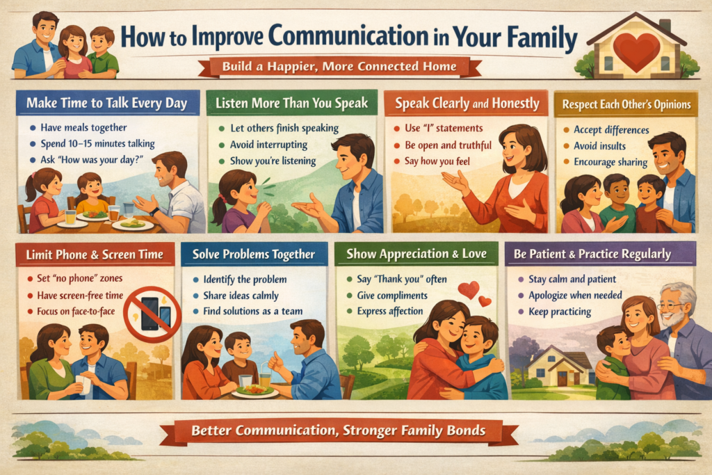 Infographic showing tips to improve family communication, including listening actively, speaking honestly, limiting screen time, solving problems together, and showing appreciation.