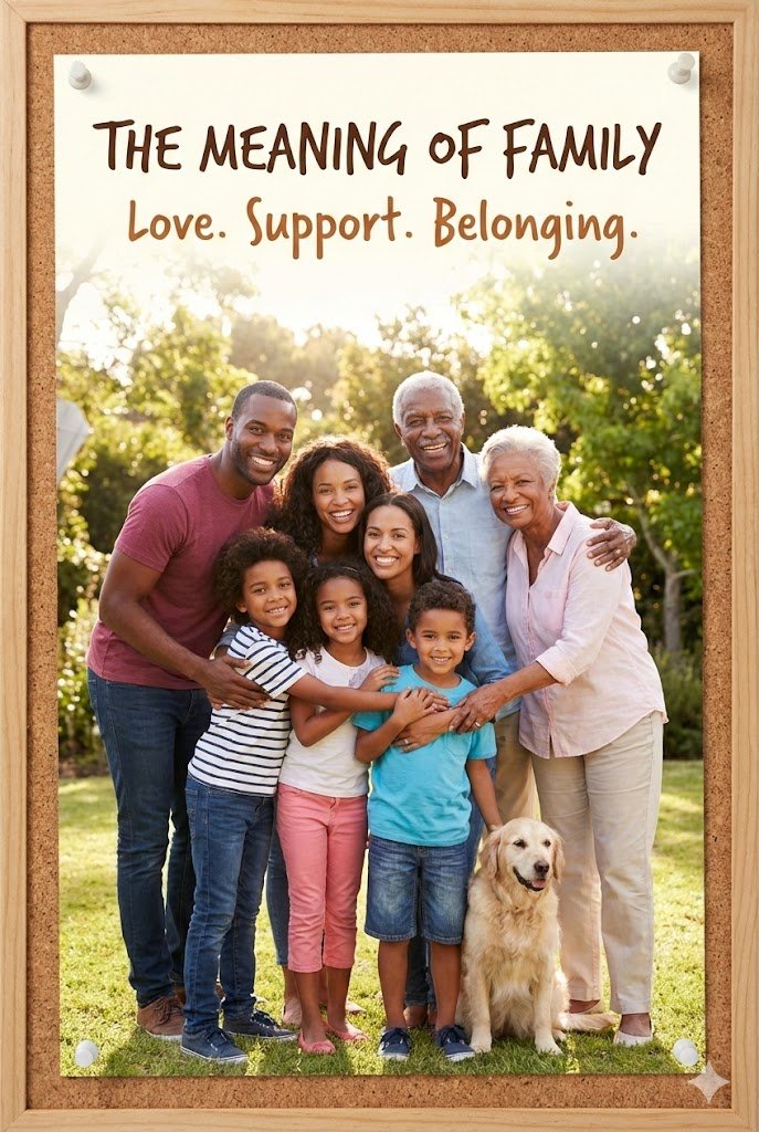 Multi-generational family smiling together outdoors with children, grandparents, and a dog under a sign reading “The Meaning of Family: Love. Support. Belonging.”