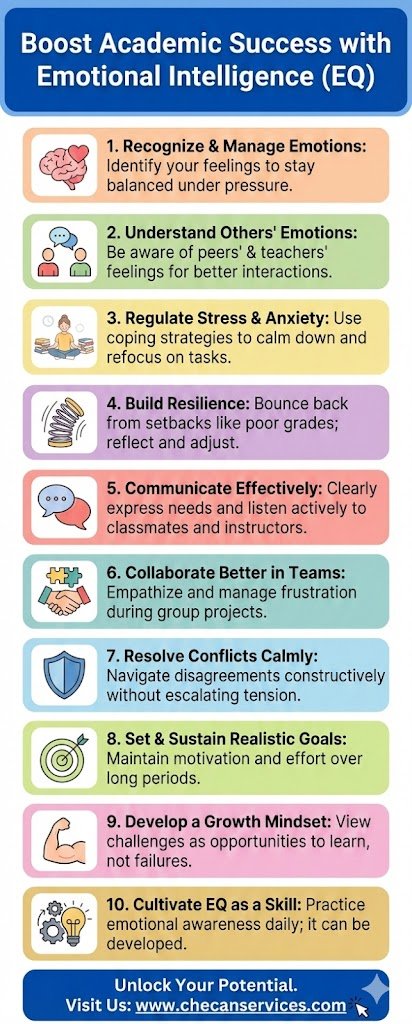 Infographic titled “Boost Academic Success with Emotional Intelligence (EQ)” showing 10 ways EQ skills like emotion regulation, resilience, communication, and growth mindset support learning.