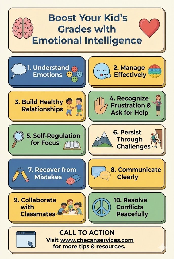 Infographic showing 10 emotional intelligence skills that help boost kids’ grades, including understanding emotions, self-regulation, communication, collaboration, and conflict resolution.