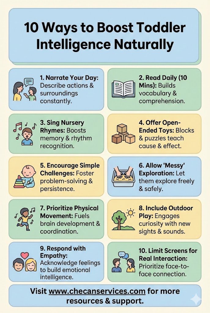 Infographic titled “10 Ways to Boost Toddler Intelligence Naturally” featuring practical tips such as reading daily, singing nursery rhymes, open-ended toys, outdoor play, physical movement, empathy, and limiting screen time to support toddler brain development.