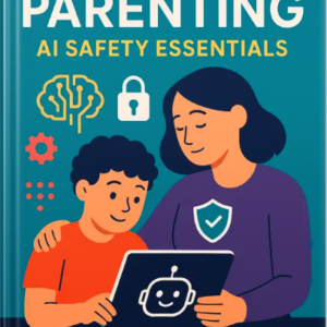 Illustrated book cover showing a mother and child using a tablet together, titled “Digital Parenting: AI Safety Essentials” by Louise Blount.