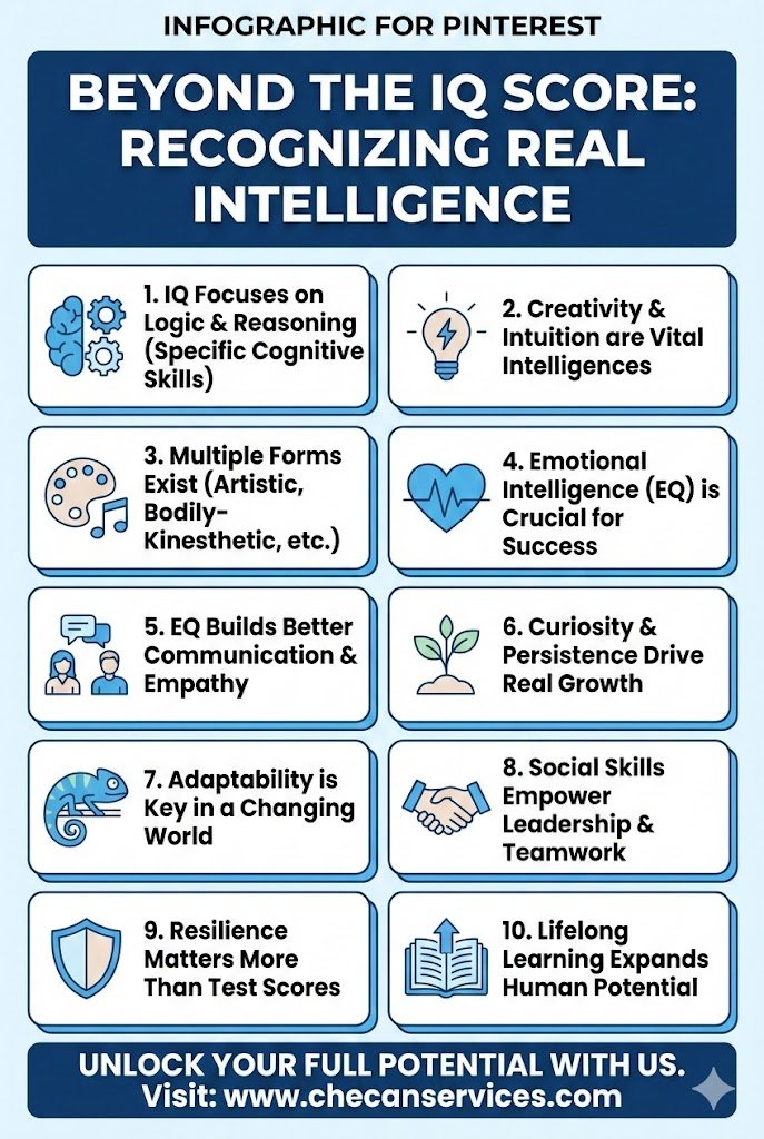 Infographic explaining that intelligence goes beyond IQ, highlighting creativity, emotional intelligence, adaptability, social skills, resilience, curiosity, and lifelong learning.