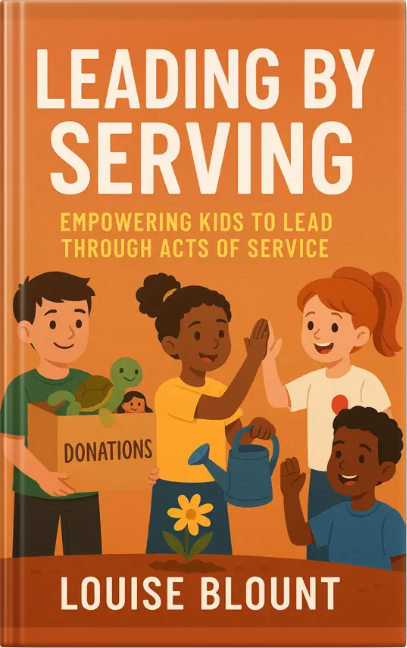 Illustrated book cover of Leading by Serving: Empowering Kids to Lead Through Acts of Service by Louise Blount, featuring diverse children volunteering and helping others.
