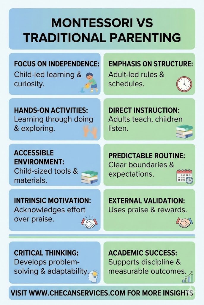 Infographic comparing Montessori vs traditional parenting, highlighting independence, structure, motivation, learning style, and routines.