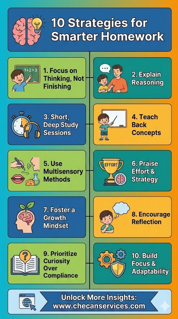 Infographic titled “Teach Your Child How to Learn: 10 Strategies” showing ten learning strategies such as focusing on process, explaining in own words, normalizing mistakes, hands-on learning, curiosity, and praising effort.