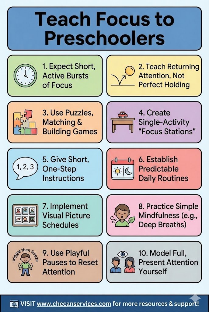 Infographic titled “Teach Focus to Preschoolers” showing 10 simple strategies like short focus bursts, visual schedules, puzzles, routines, mindfulness, and modeling attention.