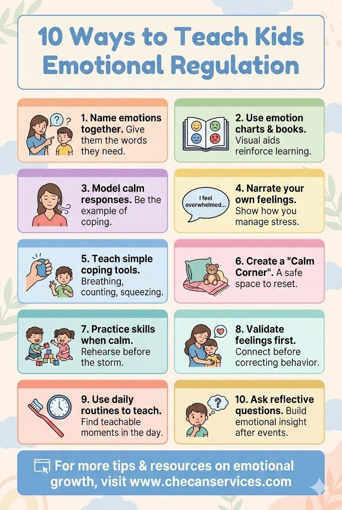 Infographic titled “10 Ways to Teach Kids Emotional Regulation” with illustrated tips such as naming emotions, using emotion charts, modeling calm responses, creating a calm corner, and validating feelings.