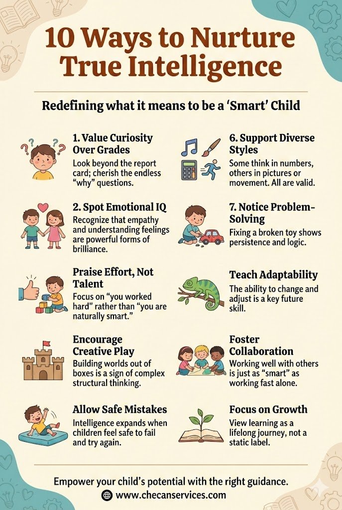 Infographic titled “10 Ways to Nurture True Intelligence” showing child development tips like valuing curiosity, emotional intelligence, creative play, adaptability, collaboration, and growth mindset with illustrated children icons.