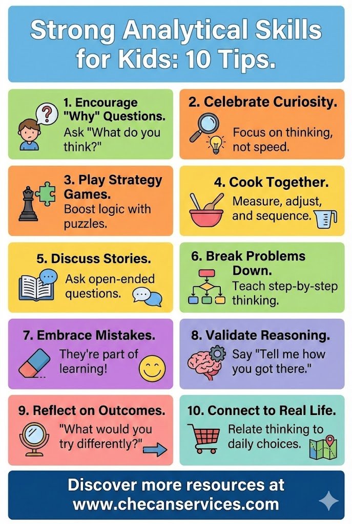 Infographic titled “Strong Analytical Skills for Kids: 10 Tips” showing practical ways to build children’s analytical thinking, including asking why questions, playing strategy games, breaking problems down, reflecting on outcomes, and connecting learning to real life.