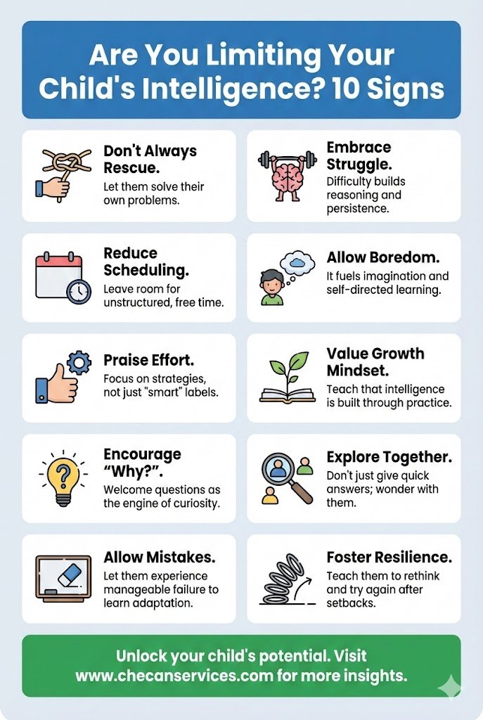 Infographic titled “Are You Limiting Your Child’s Intelligence? 10 Signs” highlighting parenting behaviors such as over-rescuing, overscheduling, avoiding struggle, and not allowing mistakes, with tips to encourage resilience, curiosity, and growth mindset.