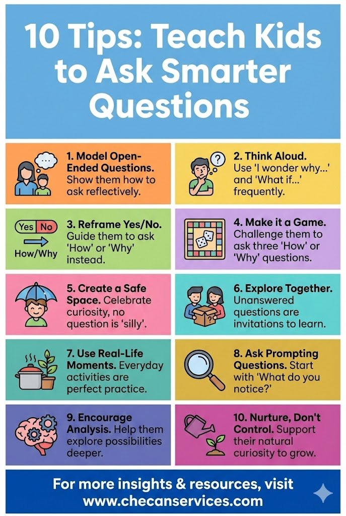 Infographic showing 10 tips to teach kids how to ask smarter questions, including open-ended questions, critical thinking, curiosity, and problem-solving strategies.