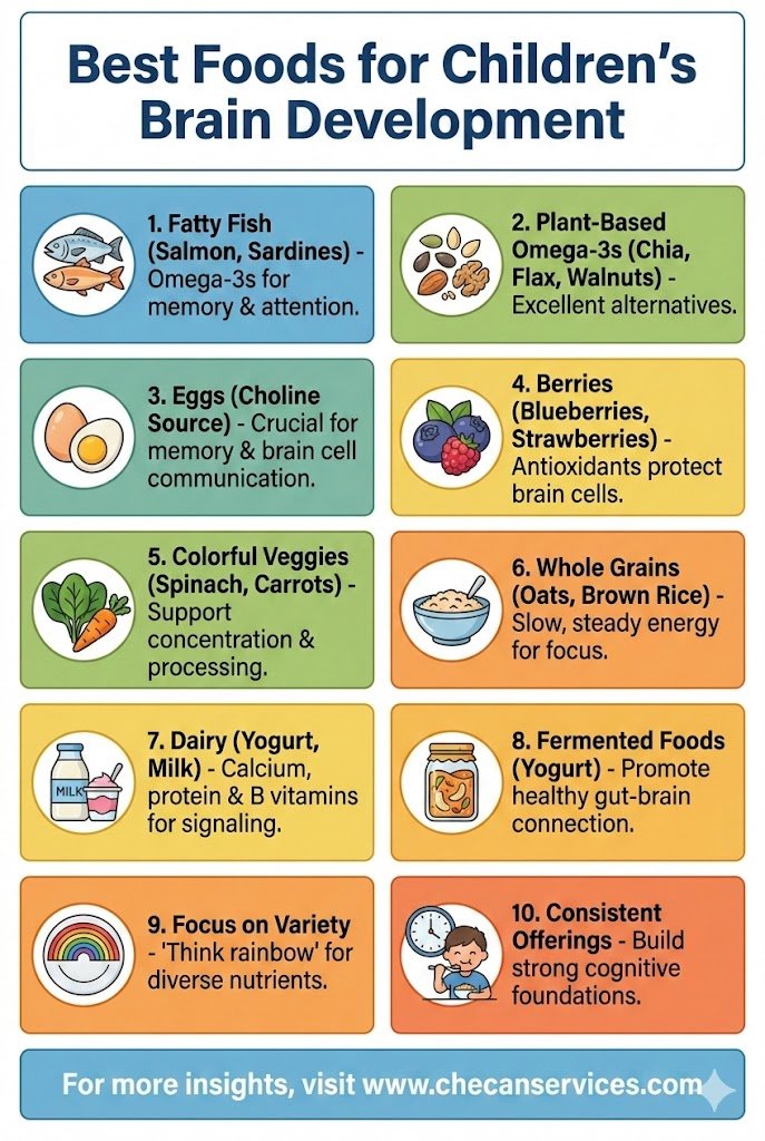 Infographic titled “Best Foods for Children’s Brain Development” showing ten kid-friendly foods that support brain health, including fatty fish, eggs, berries, vegetables, whole grains, dairy, and fermented foods.
