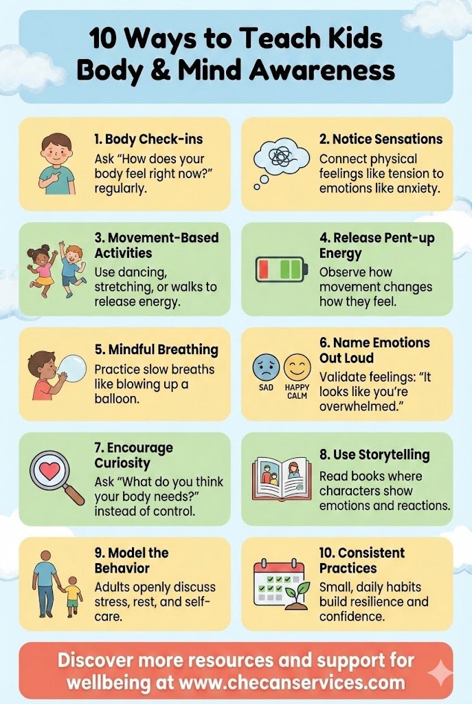 Infographic showing 10 ways to teach kids body and mind awareness, including body check-ins, mindful breathing, naming emotions, movement activities, and storytelling.
