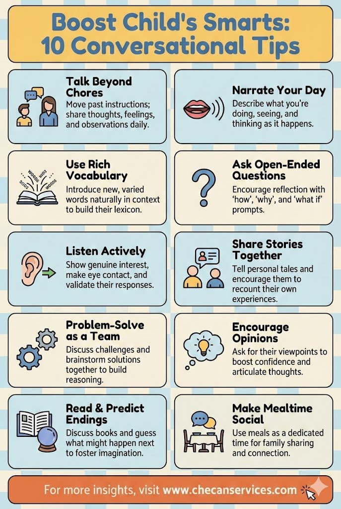 Infographic titled “Boost Child’s Smarts: 10 Conversational Tips” showing practical ways parents can build children’s language, thinking, and communication skills through everyday conversation.