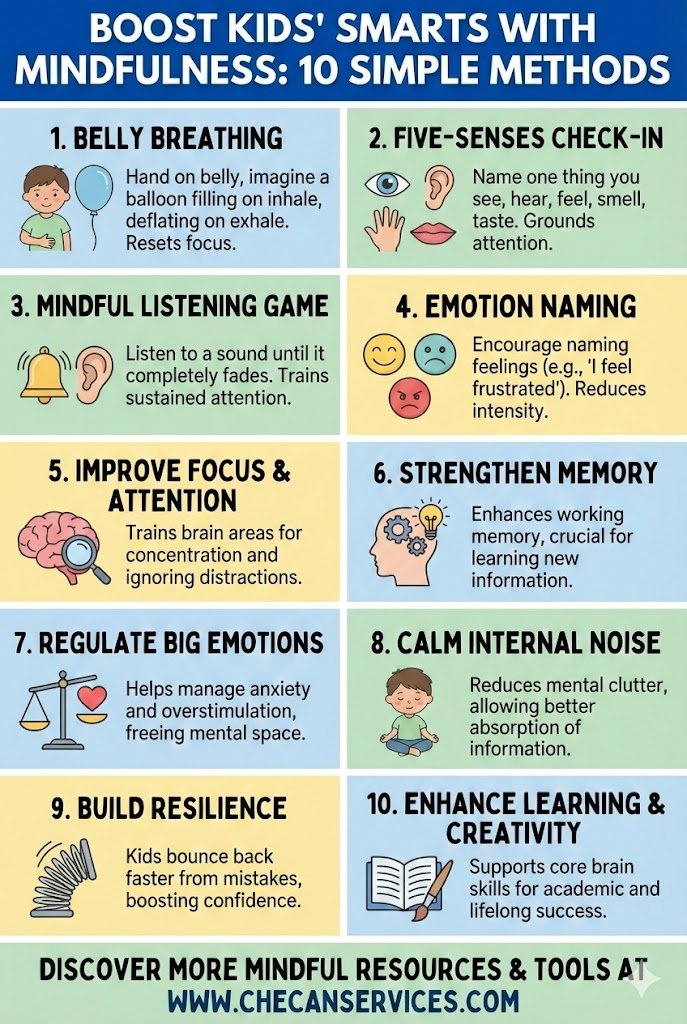 Infographic titled “Boost Kids’ Smarts With Mindfulness” showing 10 simple mindfulness activities for children, including belly breathing, five-senses check-in, emotion naming, and resilience building.
