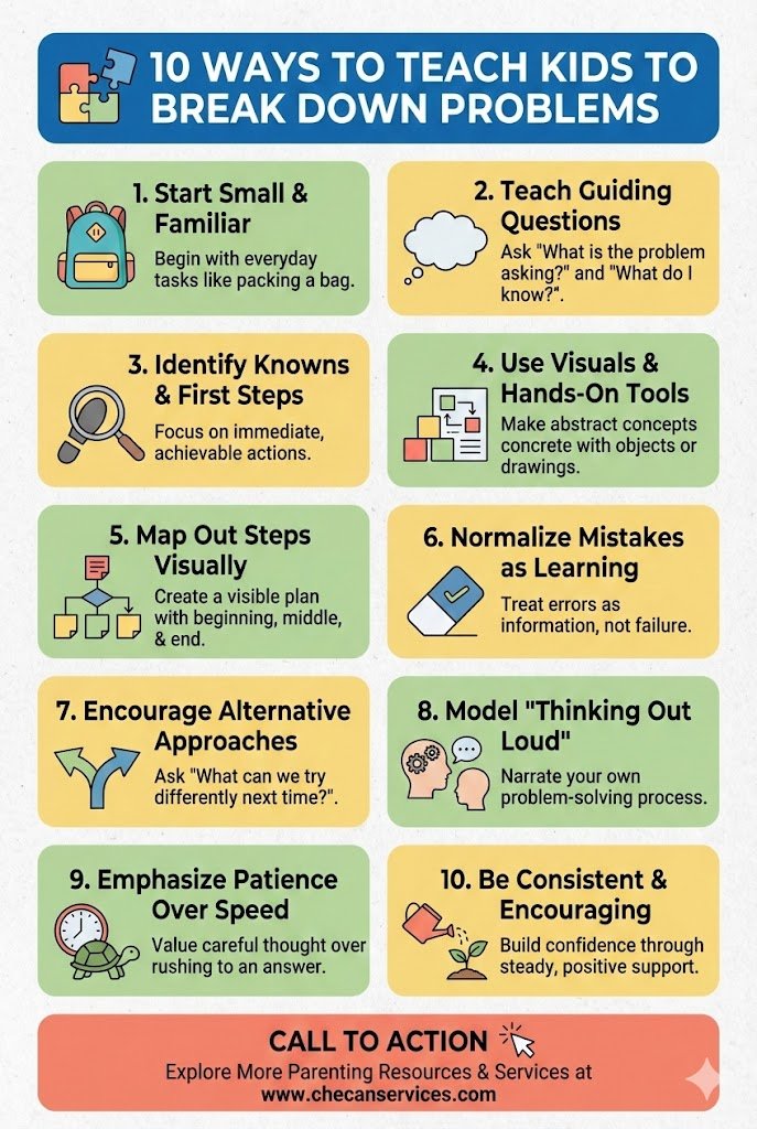 Infographic showing 10 ways to teach kids to break down problems, including guiding questions, visuals, patience, and encouragement.