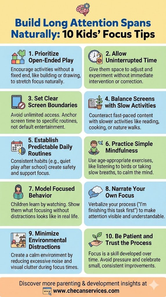 Infographic with 10 tips to build kids’ attention spans naturally, including routines, screen balance, mindfulness, and focused play.