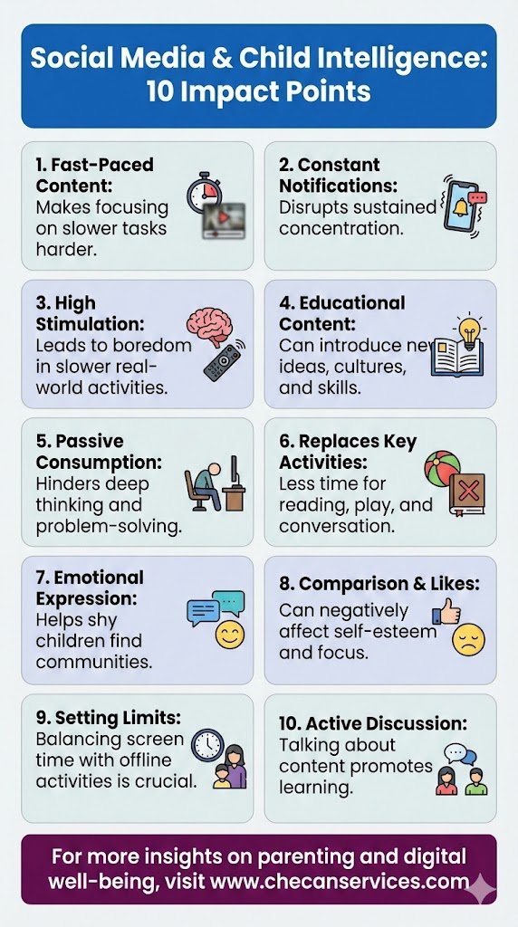 Infographic showing 10 ways social media impacts child intelligence, focus, learning, emotions, and screen time balance.