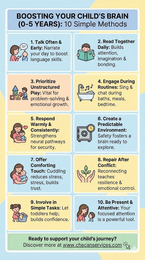 Infographic titled “Boosting Your Child’s Brain (0–5 Years): 10 Simple Methods” showing early childhood development tips like talking often, reading together, unstructured play, routines, comfort, and responsive parenting.