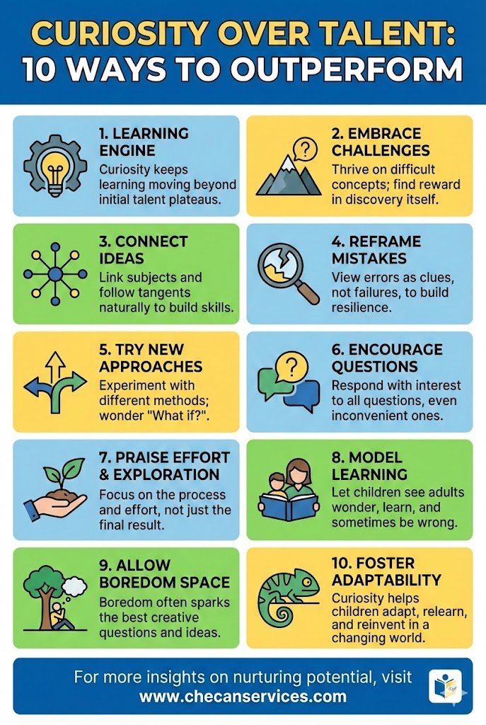 Infographic titled “Curiosity Over Talent” showing ten ways curiosity helps people outperform talent, including learning, embracing challenges, reframing mistakes, adaptability, and lifelong growth.