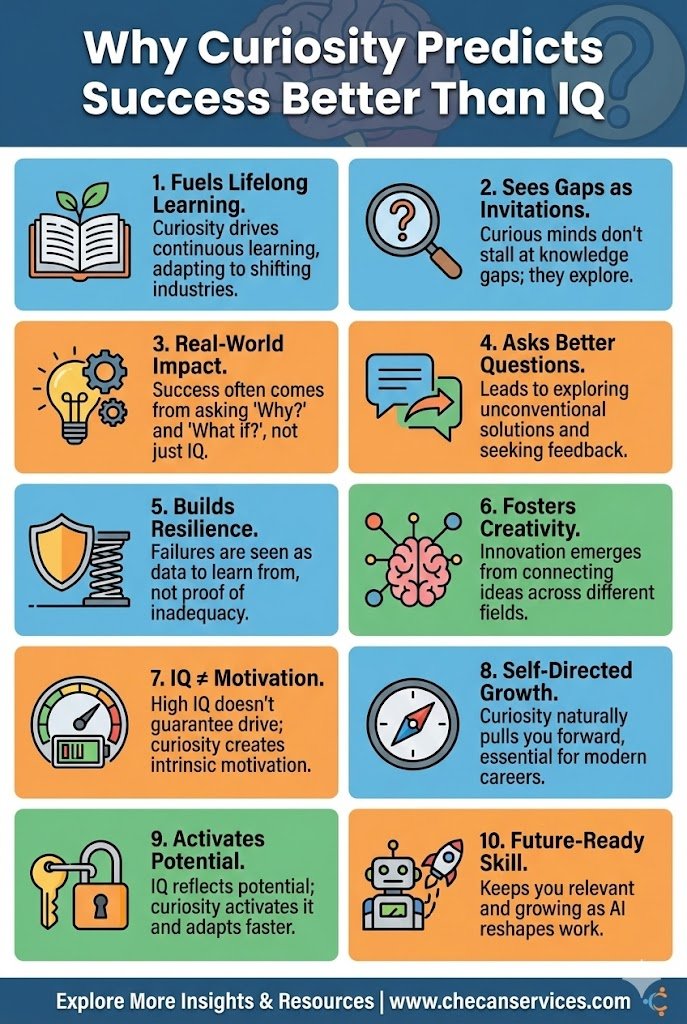 Infographic explaining why curiosity predicts success better than IQ, highlighting learning, creativity, resilience, and future-ready skills.