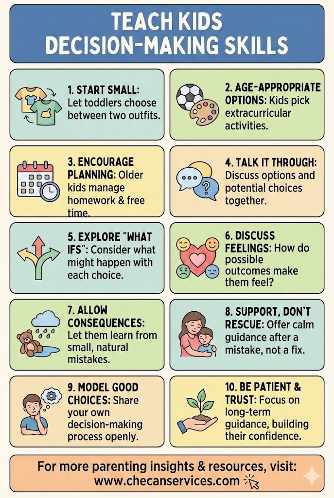 Infographic showing 10 practical ways parents can teach kids decision-making skills, including starting small, age-appropriate choices, planning, discussing feelings, and learning from consequences.