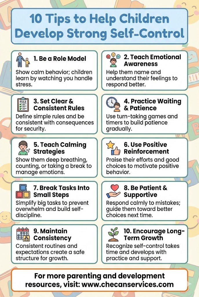 Infographic showing 10 tips to help children develop strong self-control, including emotional awareness, patience, consistency, and positive reinforcement.