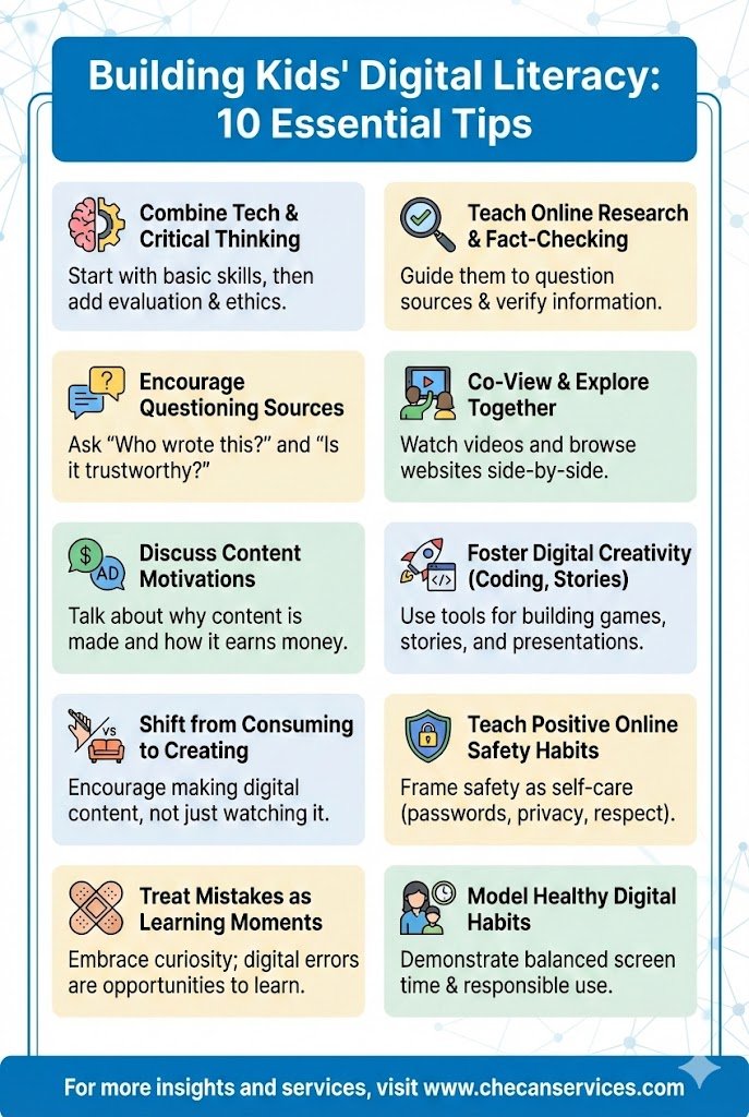 Infographic titled “Building Kids’ Digital Literacy: 10 Essential Tips” showing strategies like online research skills, fact-checking, digital creativity, online safety, critical thinking, and healthy screen habits for children.