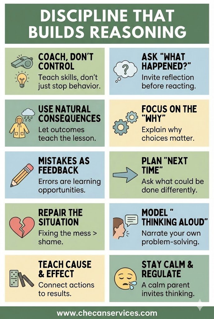 Infographic titled “Discipline That Builds Reasoning” showing positive parenting strategies like coaching instead of controlling, using natural consequences, focusing on the why, repairing mistakes, and staying calm.