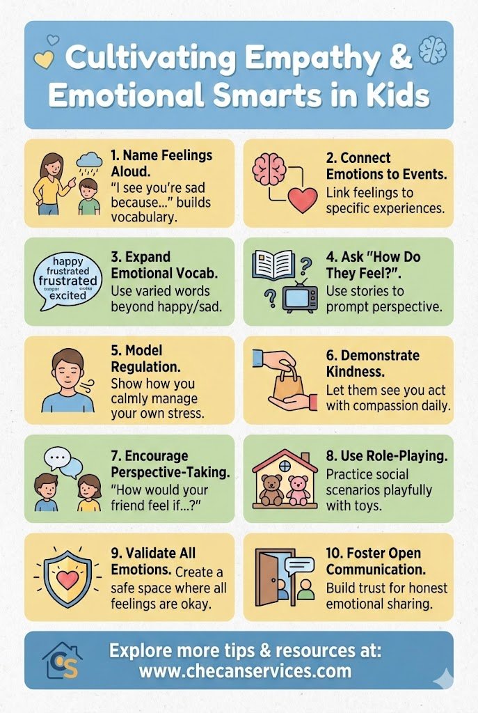 Infographic titled “Cultivating Empathy & Emotional Smarts in Kids” showing 10 child-development tips, including naming feelings, modeling regulation, encouraging perspective-taking, and fostering open communication.