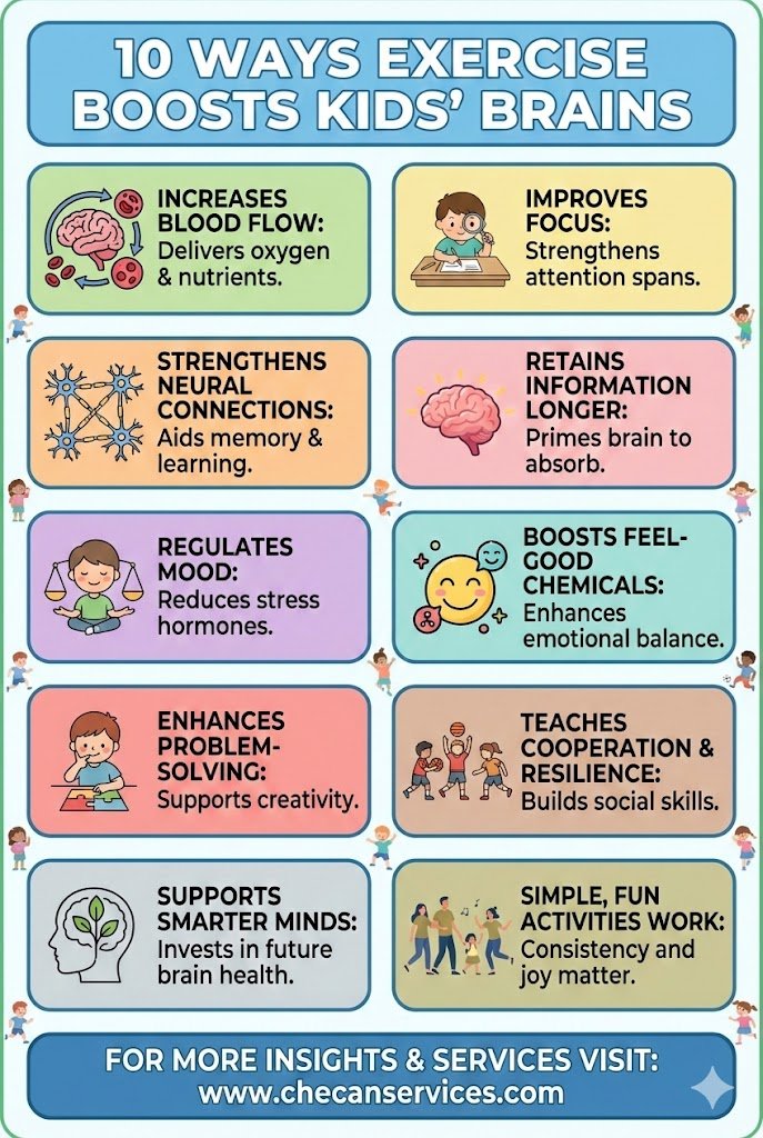 Infographic showing 10 ways exercise boosts kids’ brains, including improved focus, memory, mood regulation, problem-solving, social skills, and long-term brain health.
