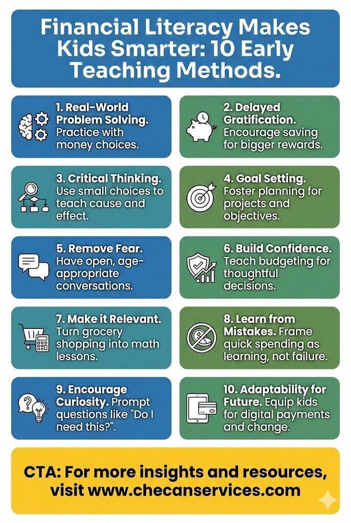 Infographic titled “Financial Literacy Makes Kids Smarter: 10 Early Teaching Methods” showing tips like saving, budgeting, goal setting, problem solving, and learning from money mistakes.