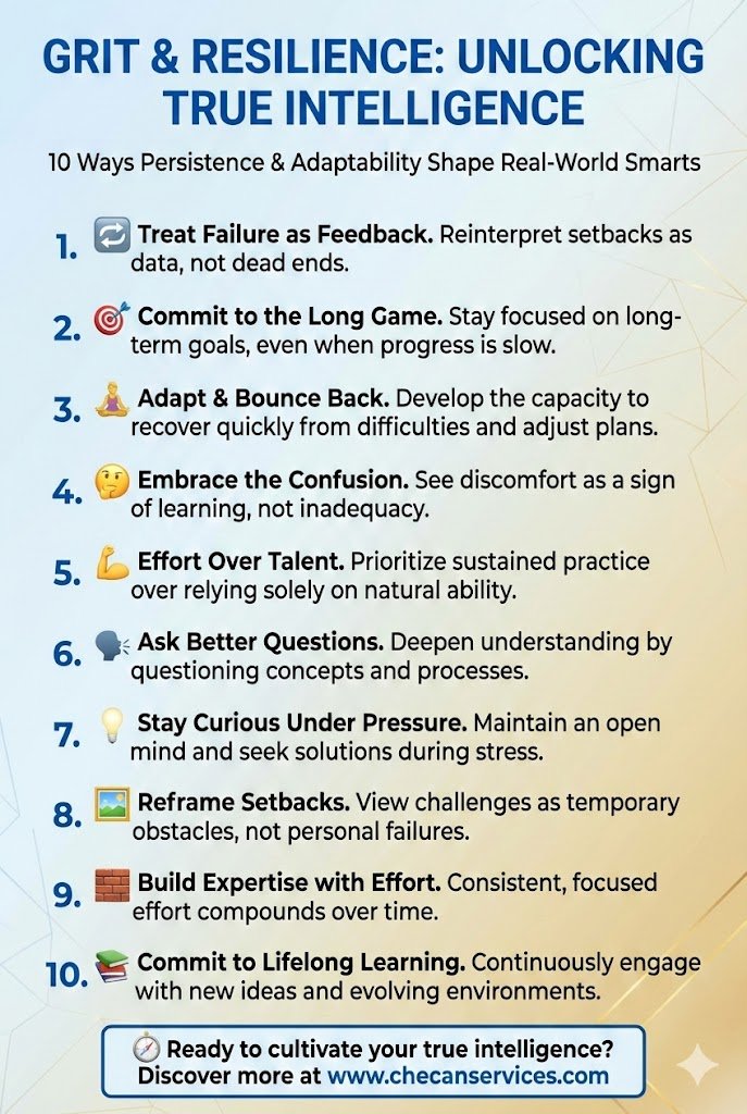 Infographic titled “Grit and Resilience: Unlocking True Intelligence” outlining 10 ways persistence and adaptability build real-world intelligence, including learning from failure, long-term focus, effort over talent, and lifelong learning.