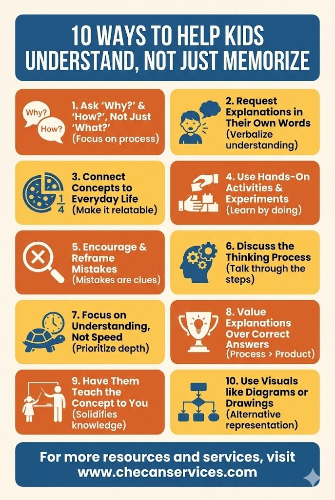 Infographic showing 10 ways to help kids understand concepts instead of memorizing, emphasizing questions, hands-on learning, and explanations.