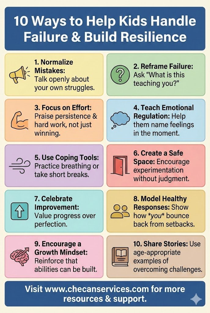 Infographic listing 10 ways to help kids handle failure and build resilience, including normalizing mistakes, reframing failure, emotional regulation, growth mindset, and coping strategies.