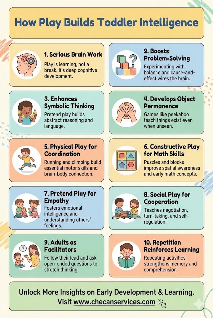 Infographic titled “How Play Builds Toddler Intelligence” showing 10 ways play supports brain development, including problem-solving, symbolic thinking, coordination, empathy, math skills, and social learning.