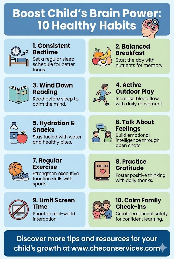 Infographic titled ‘Boost Child’s Brain Power: 10 Healthy Habits,’ showing daily routines like consistent bedtime, balanced breakfast, exercise, reading, gratitude, limited screen time, and family check-ins.