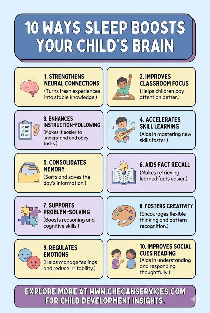 Infographic showing 10 ways sleep boosts a child’s brain, including memory consolidation, focus, emotional regulation, creativity, problem-solving, and learning skills.