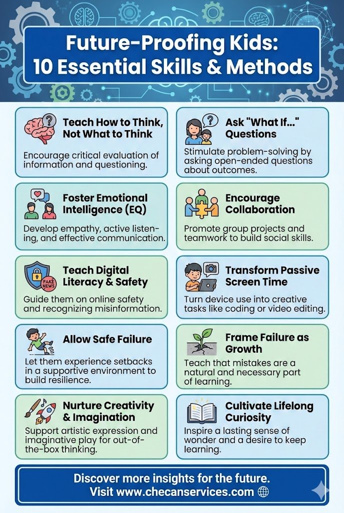 Infographic titled “Future-Proofing Kids: 10 Essential Skills & Methods” highlighting critical thinking, emotional intelligence, collaboration, digital literacy, creativity, resilience, curiosity, and growth mindset for children.