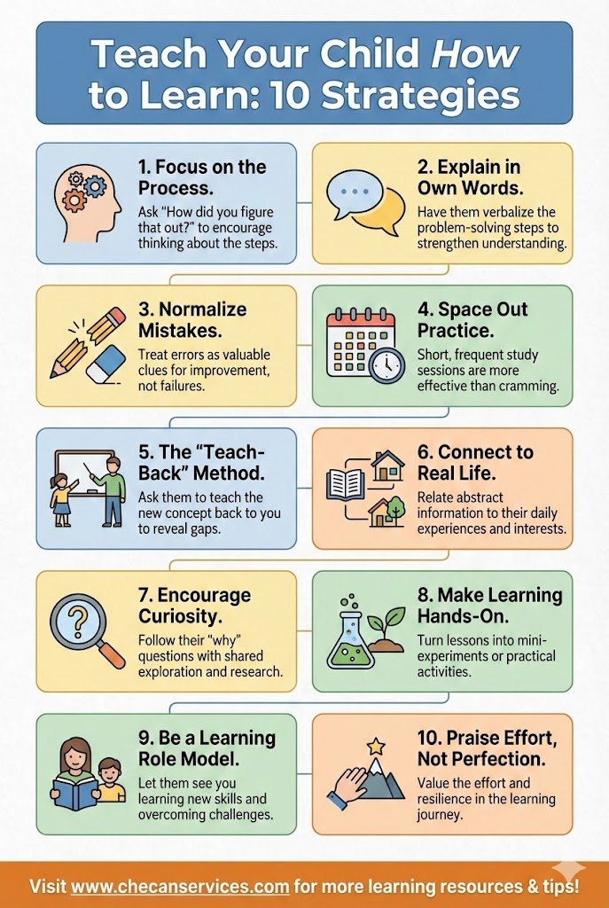 Infographic titled “Teach Your Child How to Learn: 10 Strategies” showing ten learning strategies such as focusing on process, explaining in own words, normalizing mistakes, hands-on learning, curiosity, and praising effort.