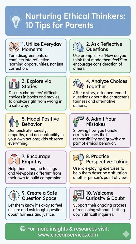 Infographic titled “Nurturing Ethical Thinkers: 10 Tips for Parents” showing ten illustrated strategies that help children develop empathy, ethical reasoning, perspective-taking, and moral decision-making.