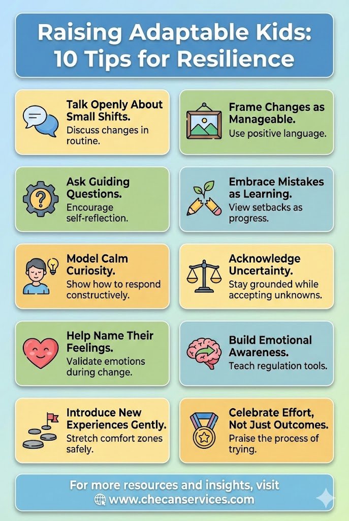 Infographic titled “Raising Adaptable Kids: 10 Tips for Resilience” showing ten colorful panels with icons and parenting tips about helping children adapt to change, build emotional awareness, and develop resilience.