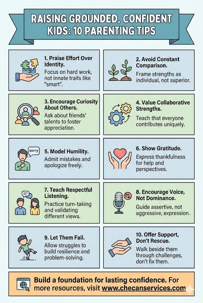 Infographic titled “Raising Grounded, Confident Kids: 10 Parenting Tips” with illustrated icons explaining positive parenting strategies like praising effort, encouraging curiosity, modeling humility, teaching respectful listening, allowing failure, and offering support without rescuing.