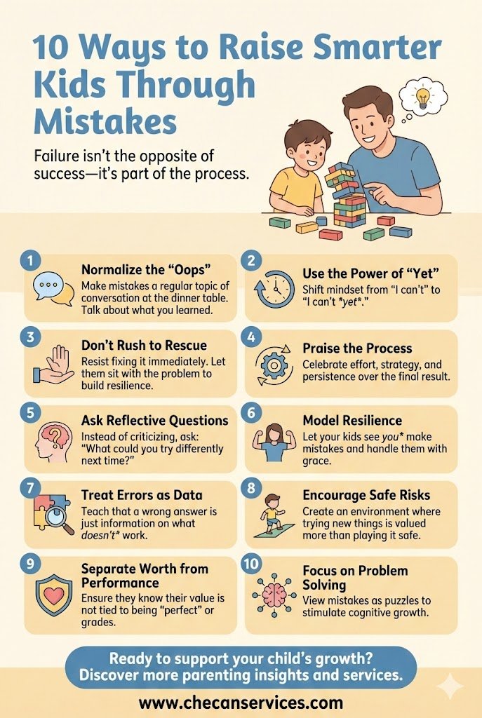 Infographic titled “10 Ways to Raise Smarter Kids Through Mistakes,” showing a parent and child building blocks and listing strategies like praising effort, modeling resilience, and using mistakes as learning opportunities.